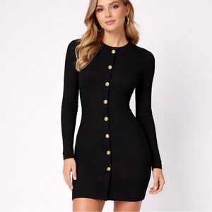 Zara Black Ribbed Knit Mini Dress Gold Button Front Size Medium